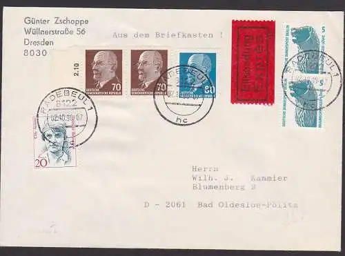 "Aus dem Briefkasten" 2.10.90 Walter Ulbricht  70(2) und 80 Pf. Eil-Brief nach Bad Oldesloe