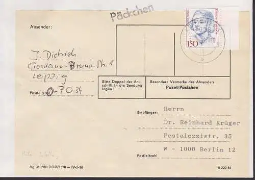 Sophie Scholl Päckchen-Adresse auf Umschlag portogenau Leipzig nach Berlin West. BRD 1497, Randstück