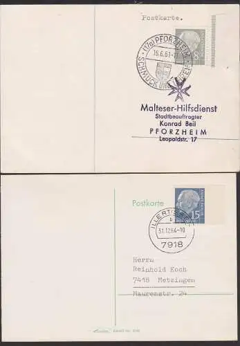 Theodor Heuss 8 Pf bzw. 15 Pfg. portogenau auf Orts/Fernkarte BRD 182 Bg, 184 Bg, je Randst. Pforzheim