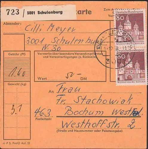 Schulenburg Paketkarte mit 80 Pf. (2) Weissenburg / Bayern nach Bochum, BRD 461