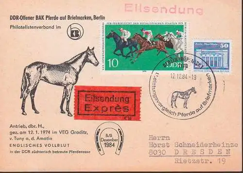 horse, cheval, Pferd  Pferde auf Briefmarken Eil-Sdg Schuckkarte SSt. Berlin-Köpenick