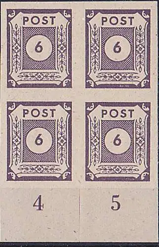 OPD Ostsachen Mi-Nr. 58aU(4) 6 Pf. im Viererblock ungezähnt postfrisch von Unterrand, Rand angeschnitten