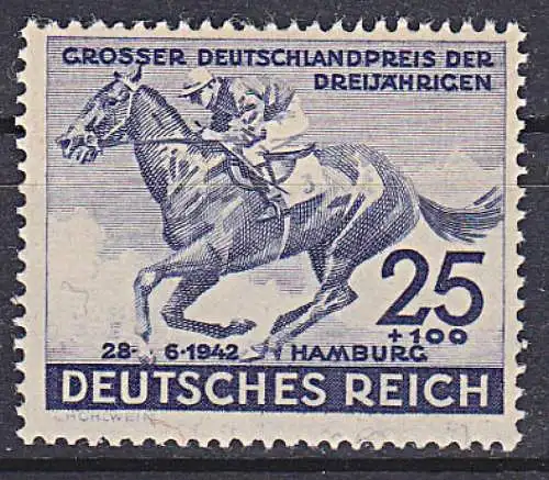 Deutsches Derby Rennpferd mit Jockey DR 814 ** 25+100 Pf  "Rennen um das blaue Band"