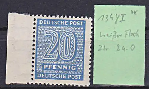Westsachsen Ziffern mit Plattenfehler "weißer Fleck zw. 2 und 0" SBZ 134Y PF I ** 20 Pf