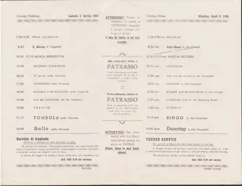 SATURNIA italiaProgramma della Gionata ship`s Activities of the day  April 1956