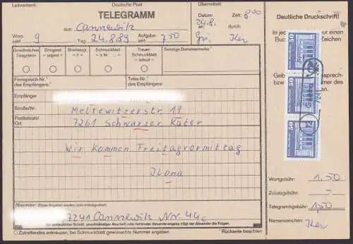 50 Pf. Aufbau DDR kleines Format, (Mi.-Nr. 2549(3) ) Grimma Poststellenst. (12) Cannewitz Telegramm portogenau
