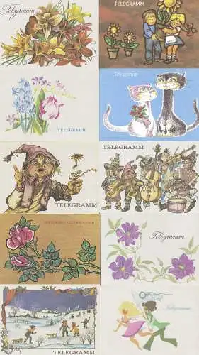 Lot 10 verschiedene Schmuckblatt Telegramme  Lx ungebraucht  DDR cat katzen music Wintersport Rosen Tulpen