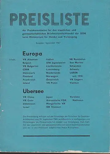 Preisliste 1967 für staatlichen und genossenschaftlichen Briefmarkenfachhandel, dabei (VR China Bl. 8 für 25.- !! )