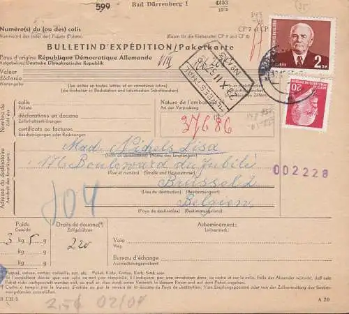 Bad Bürenberg Auslands-Paketkarte mit 2 DM Wilhelm Pieck und 20 Pf. Walter Ulbricht nach Brüssel