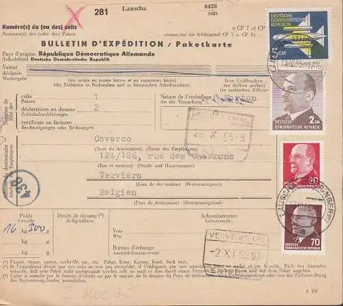 Paketkarte bulletin d' expedition aus Lausche nach Verviers Belgien, 5 DM Luftpost und W. Ulbricht, 10.10.66