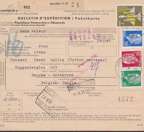 Paketkarte bulletin d' expedition aus Dresden nach Deurne - Antwerpen, 1 DM Luftpost und W. Ulbricht