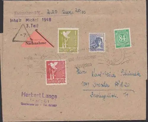 Leipzig Streifbandsendung Nachnahme  Ds, 10-fach-Frankatur 29.7.48, Porto (16 + 40 Pf= 56 - 5,64 verklebt!)