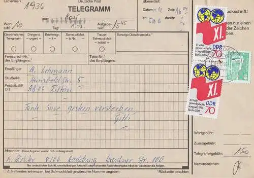 Dresden frankiertes Aufnahme Telegramm mit 70 Pf.(2) Weltgewerkschaftskongress 1986 Berlin DDR