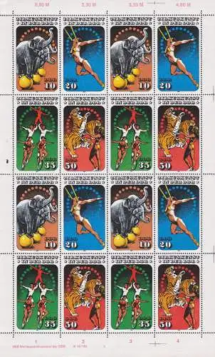 Zirkus Schalterbogen DDR 2983/86 postfrisch, Bogen 2,  incl. DV  Viererblock, Elefant, Tiger Akrobat