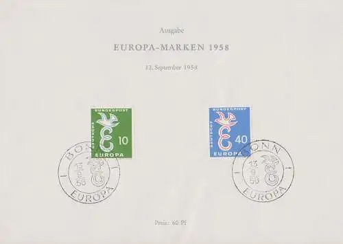 EUROPA Gedenkblatt 13.9.58 mit Europamarken, SoSt. Bonn, Bund 295/96