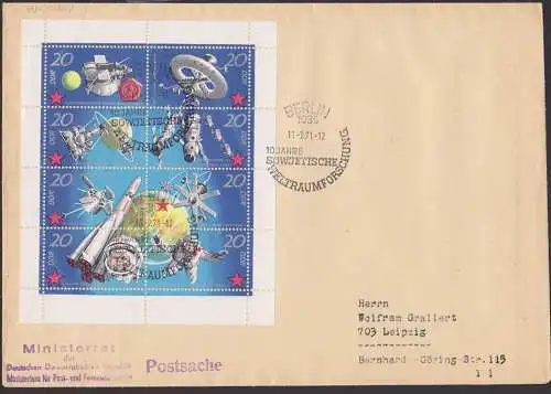 Weltraumforschung SoSt. Berlin 11.2.71 Abs. Ministerrat der DDR Kleinbogen 1636/43 Postsache