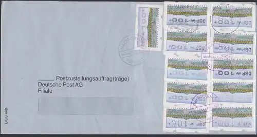Postzustellunsauftrag mit 11 1,-DM -Marken MWst. Briefzentrum und "nachträglich entwertet"