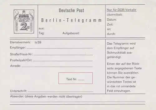 Berlin-Telegramm 2,- M ungebraucht, anlässlich 750 Jahre Berlin, Rote Rathaus mit Berliner Bär