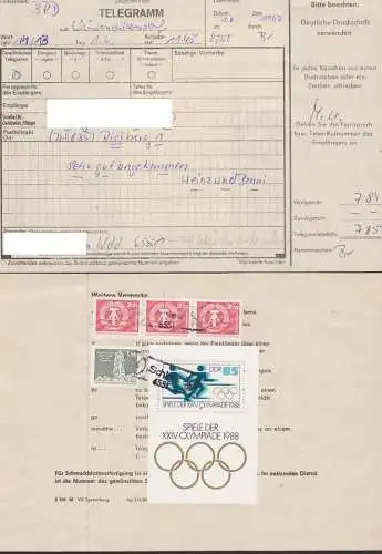 Olympiade 1988 Block in MiF Telegrammformular DDR frankiert, PStSt. (34) Schleiz Wüstendittersdorf