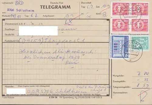 Schlotheim nach Tönisvorst 6.7.81 DDR Telegrammformular frankiert