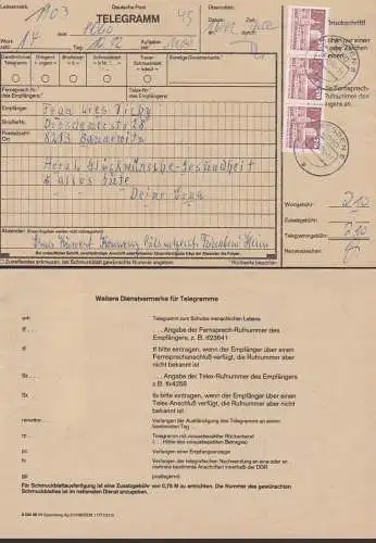 Telegramm Aufnahmeformular mit PWZ freigemacht, DDR 2602(3) portogenau 70 Pf. Rathaus Leipzig