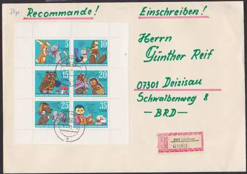 Figuren des Kinderfernsehens FDC Klb. DDR 1807/12 R-Brief Mauz und Hoppel, Fuchs und Elster, Schnuffel und Pieps