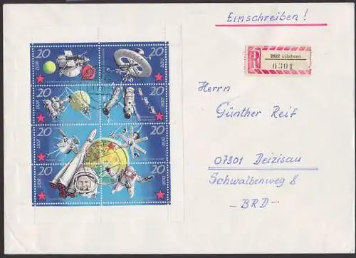 Bemannte sowj. Weltrumflüge FDC Klb. DDR 1636/43 R-Brief Juri Gagarin, Leonow Woschod 2