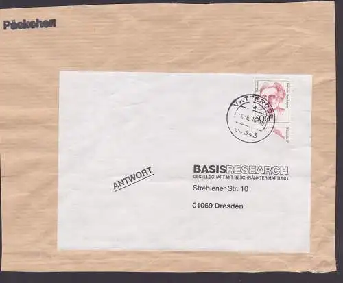Päckchen-Adresse mit 500 Pf. BRD 1394, Vatterode nach Dresden, Gebührenstufe nur zw. 1.7.93 und 30.6.94 möglich