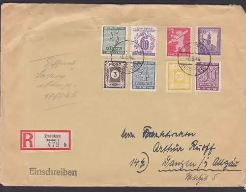 Zwickau (Sachsen) R-Brief 6.5.46, MiF mit allen OPD-Ausgaben, dabei 60 Pfg. SBZ 137Y nach Wangen