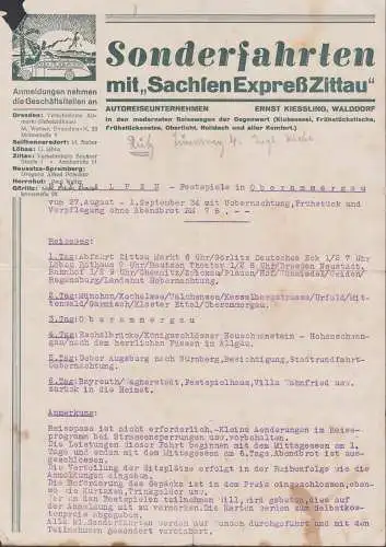 Zittau Walddorf Sachsenexpress Sonderfahrt nach Oberammergau, Reiseprogramm 1934 für 78,- RM