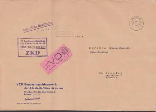 Dresden 23.9.65, ZKD-Brief D2 lilarosa mit Plattenfehler "fehlende Granne" VEB Sondermaschinenwerk, Mke 2mm Riss ur.