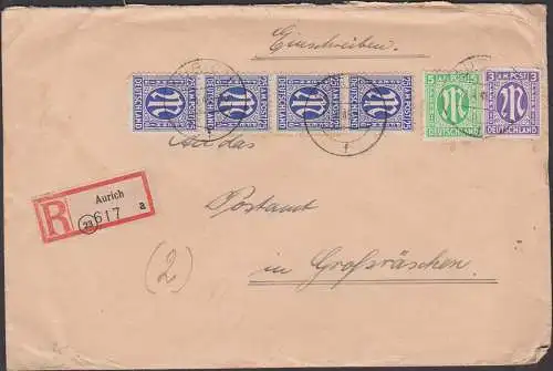 Aurich R-Doppel-Brief  11.4.46 an Postamt Großräschen, dabei 25 Pfg. im senkr. 4er-Streifen, portogenau