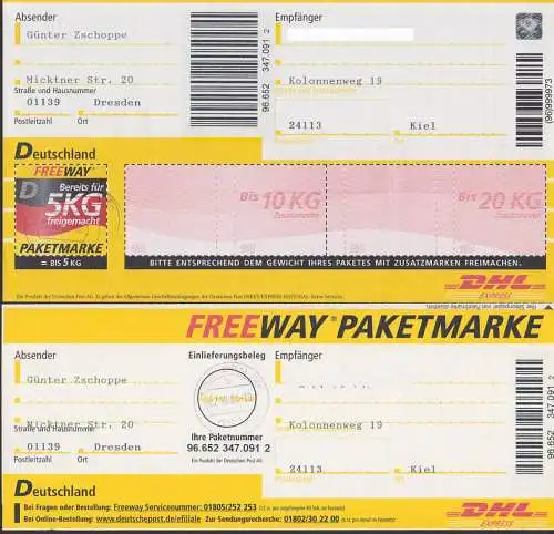Paketmarke Freeway Deutschland DHL 7.10.2004 kpl. alle Teile vorhanden gest., Einlieferungsschein und Paketaufkleber