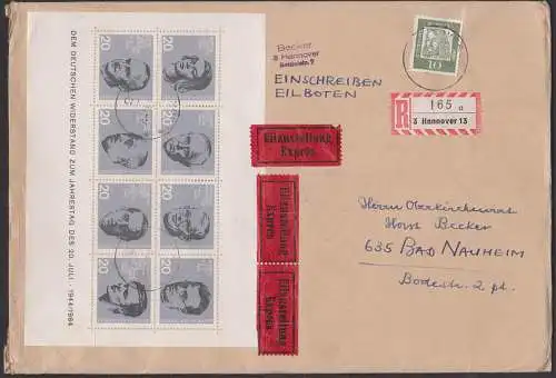 BRD Widerstandsblock R-Eil-Brief Hannover 13 mit Sophie Scholl, Graf von Moltke, D. Bonhöfer, Graf von Stauffenberg