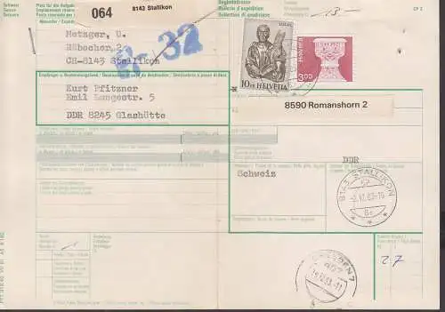 Romannshorn Auslandspaketkarte Stalikon nach Sachsen 2.12.83, 10 Fr. Lucas