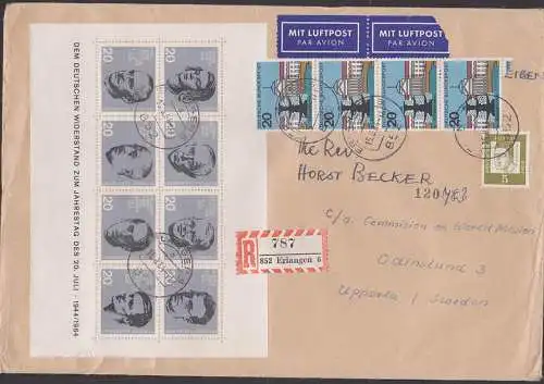 BRD Widerstandsblock R-Brief Erlangen n. Schweden mit Sophie Scholl, Graf von Moltke, D. Bonhöfer, Graf von Stauffenberg