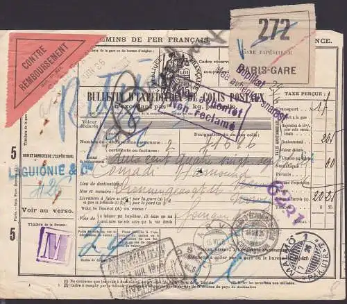 chemis de per francais bulletin d` expetition de colis postaux Paris Gare (272) Narvik 1926 reeexport, Malmö
