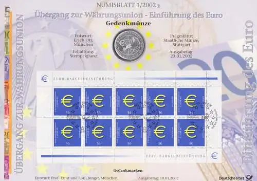 Numisblatt  1/2002 Gedenkmünze zu 10 Euro mit 10er Bogen der Marke, Währungsunion Bargeldeinführung