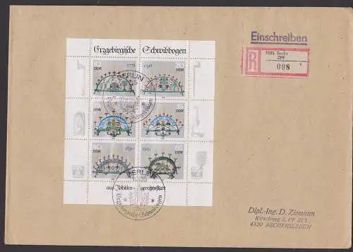 Erzgebirgische Schwibbogen FDC Klbg. 3057/62 R-Brief, Weihnachtsleuchter Johanngeorgenstadt Bergbau