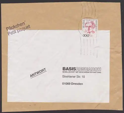 Alice Salomon 500 Pf Frauen als EF Päckchenausschnitt, Antwortsendung,  Portoperiode 1.7.93 - 30.6.94