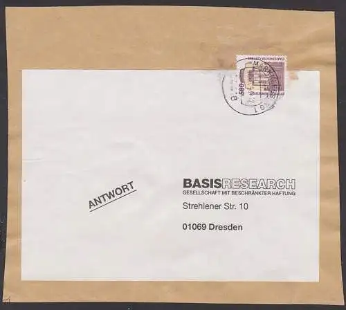 Cottbus 500 Pf Staatstheater als EF Päckchenausschnitt, Antwortsendung,  Portoperiode 1.7.93 - 30.6.94, Merkkleeberg