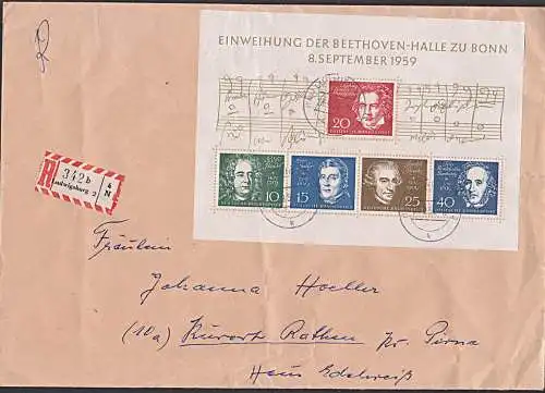 BRD Bl. 2 R-Brief "Einweihung der Beethoven-Halle zu Bonn 1959" aus Ludwigsburg nach der DDR Rathen