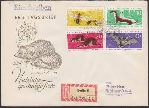 Ameise, Spitzmaus Fledermaus Wiesel geschützte Tiere DDR FDC  869/72 auf R-Brief, SoSt. Schildkröte, Igel