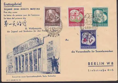 Weltfestspiele 1951 offizieller Ersttagsumschlag DDR FDC 289/92, Stalinallee Sportwettkampfhalle, saubere Erhaltung