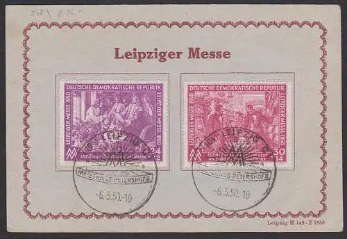 Leipzig Mustermesse 1950 auf Unterlage SoSt. Messehaus Petershof  II 6.3.50 DDR 248/49, Gedenkblatt