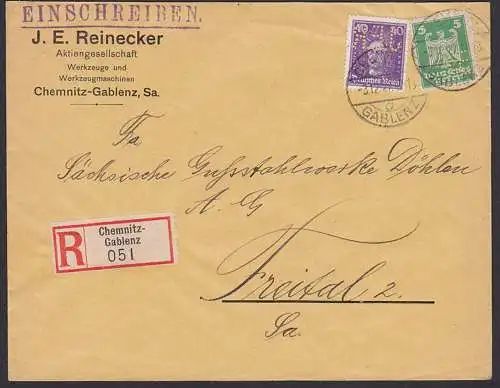 perfin Chemnitz-Gablenz JER seitenverkehrt für J. E. Reinecker R-Brief 3.12.27, 40 Pf. Leibnitz und 5 Pf. Adler