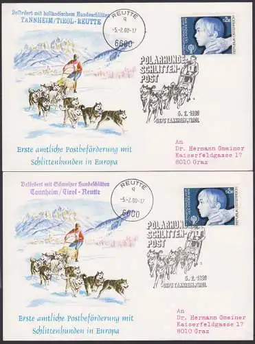 Tannheim Tirol, Reutte Polarhunde-Schlitten-Post 5.2.1980, Schmuckumschlag, Bestätigungsst. beide Richtungen