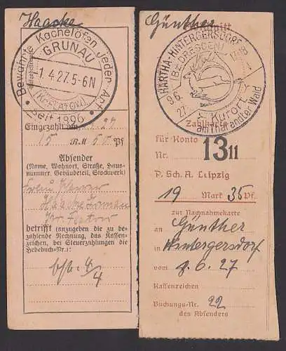 Einzahlungsabschnitte 1927 SoSt. Hartha-Hintergersdorf Hirsch mit jagdhorn, Grunau Kr. Flatow Kachelöfen