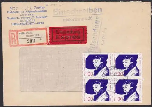 Käthe Dorsch 100 Pf. BRD 1483(4) portogenau auf R-Eil-Brief Halle-Neustadt 3, 12.12.90