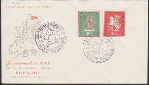 Giengen (Brenz) SoSt. 1.4.58 - Die Wiege des Deddybären - Jugendmarken 1958 Fuchs Volkslieder auf FDC-Umschlag